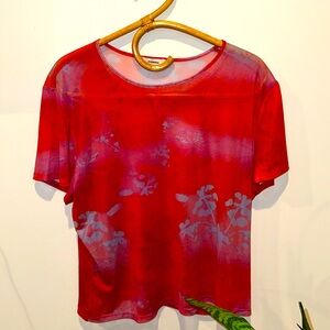 Never Worn- Miaou Mesh Short Sleeve Top-Red Fuscia & Lavender Flower Pattern